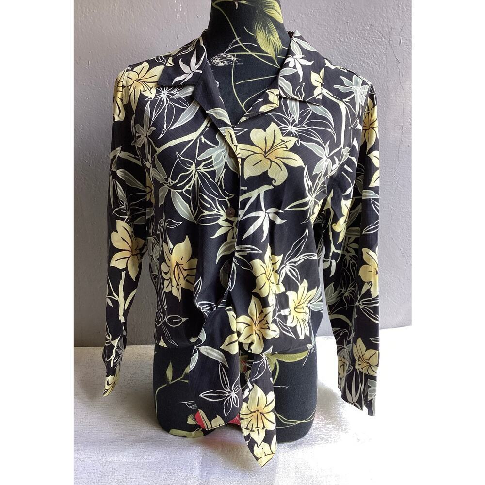 Tommy bahama 100% silk button up long sleeve blouse floral print waist tie